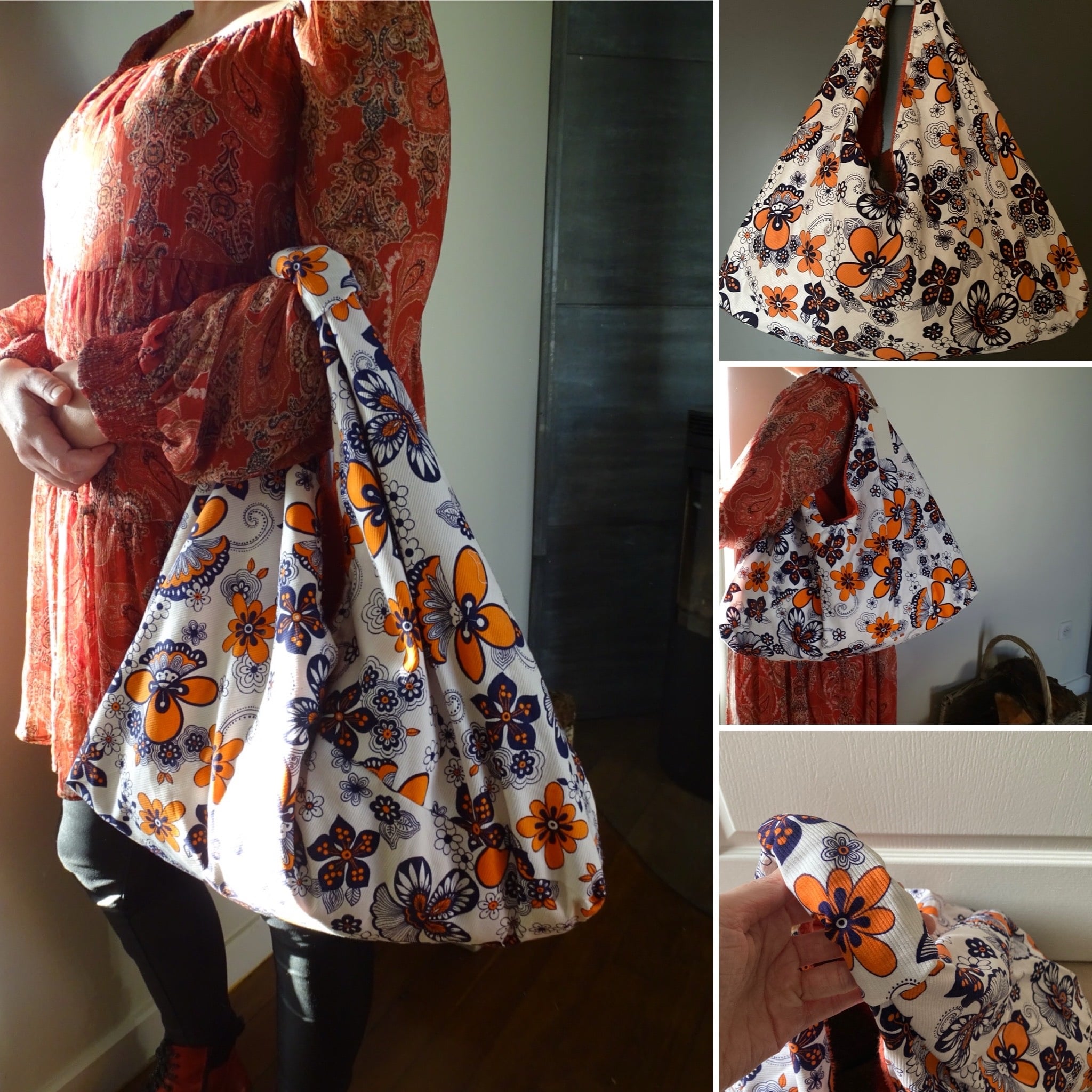 Sac origami en coton vintage imprimé fleurs marine et orange