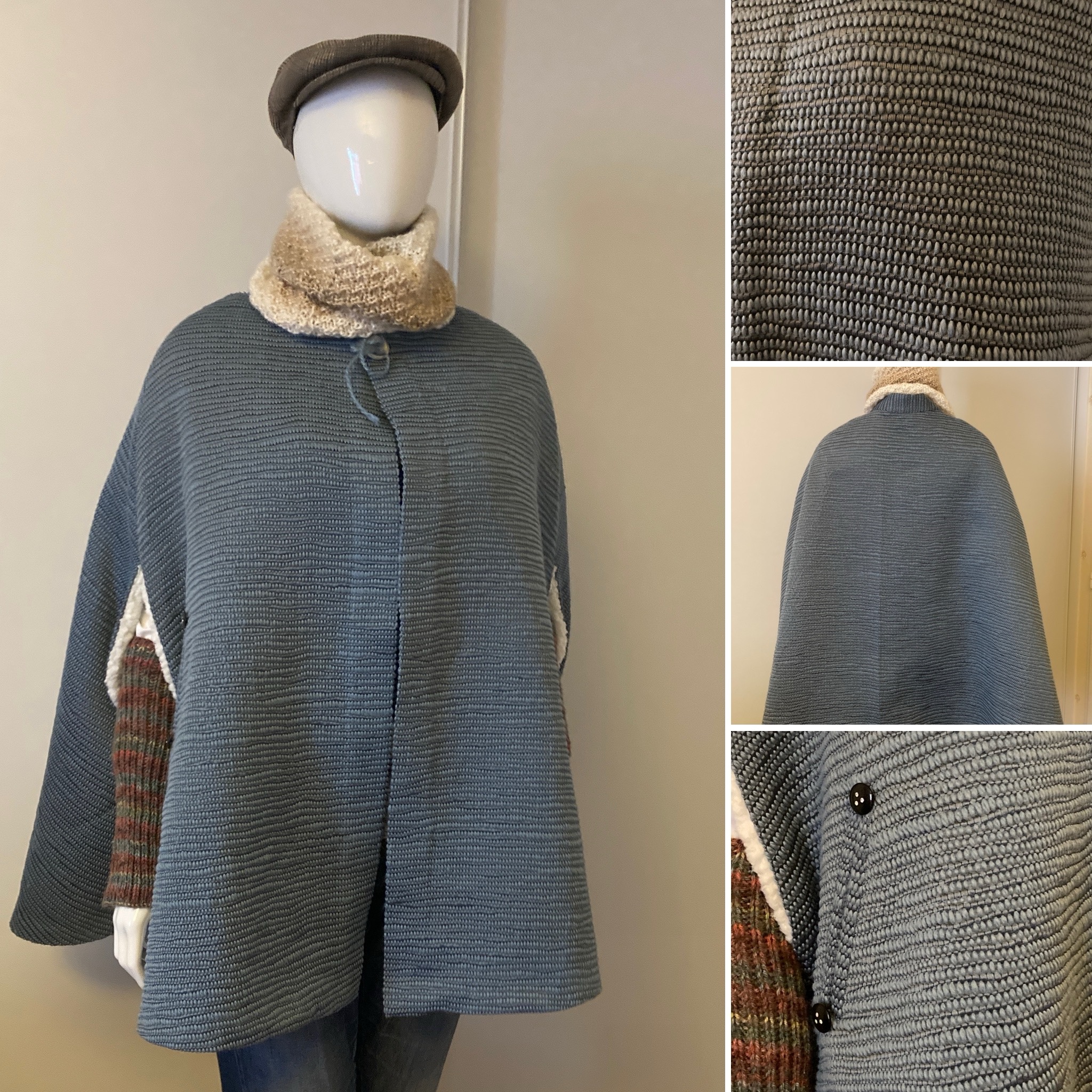 Manteau cape bleu hiver doublée fausse fourrure