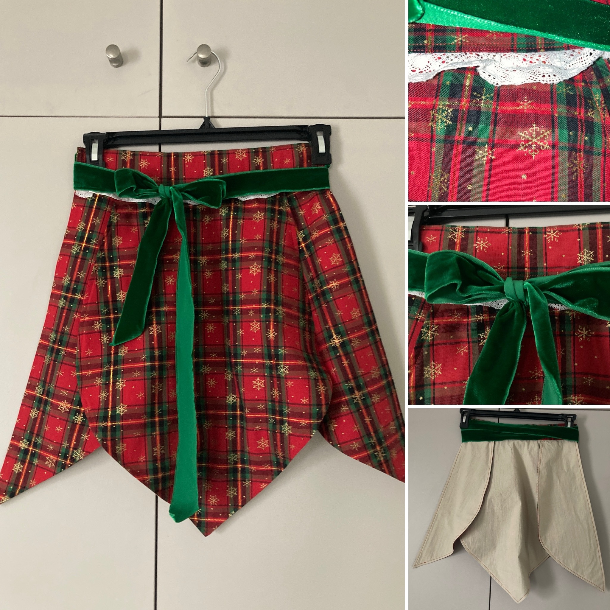 Tablier de Noël original tartan rouge et vert .Détail ceinture et intérieur