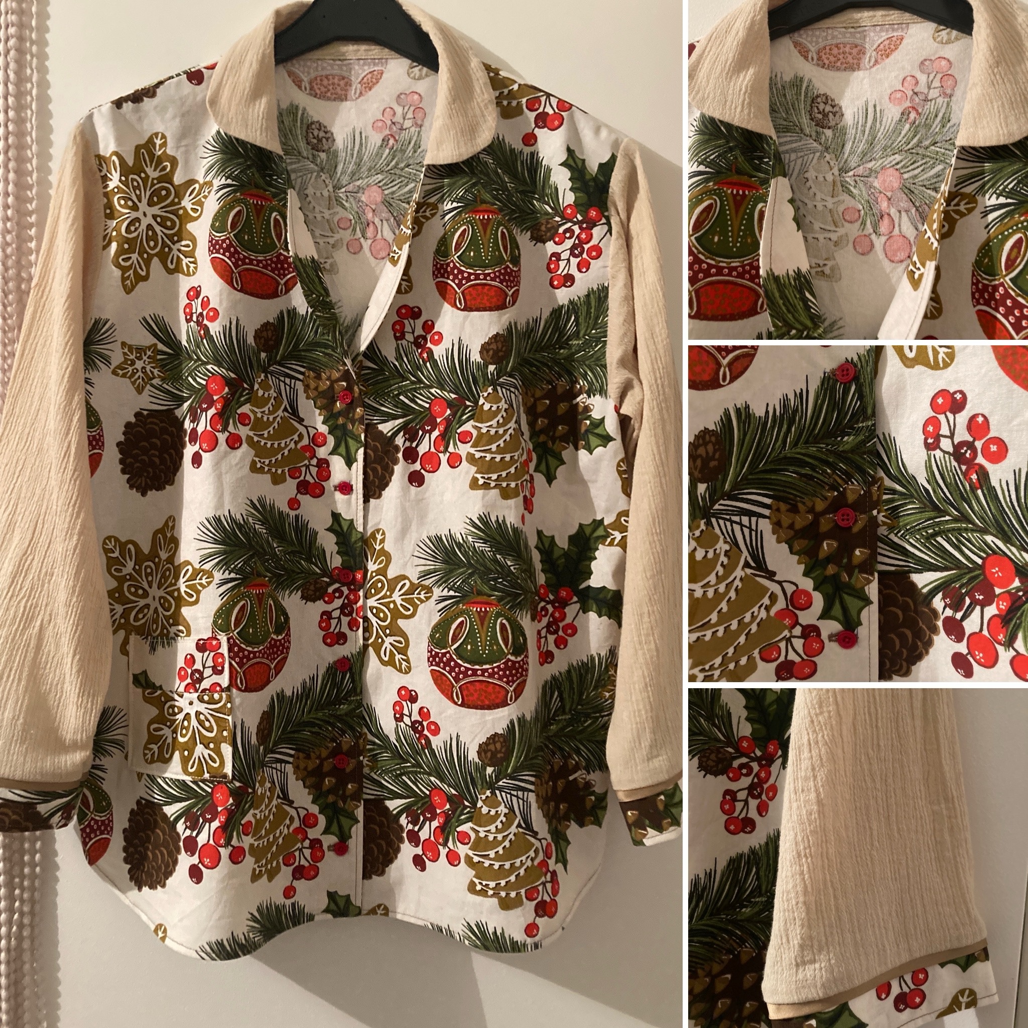Chemise de Noël beige et kaki et rouge .Coton. Motif boules de Noël